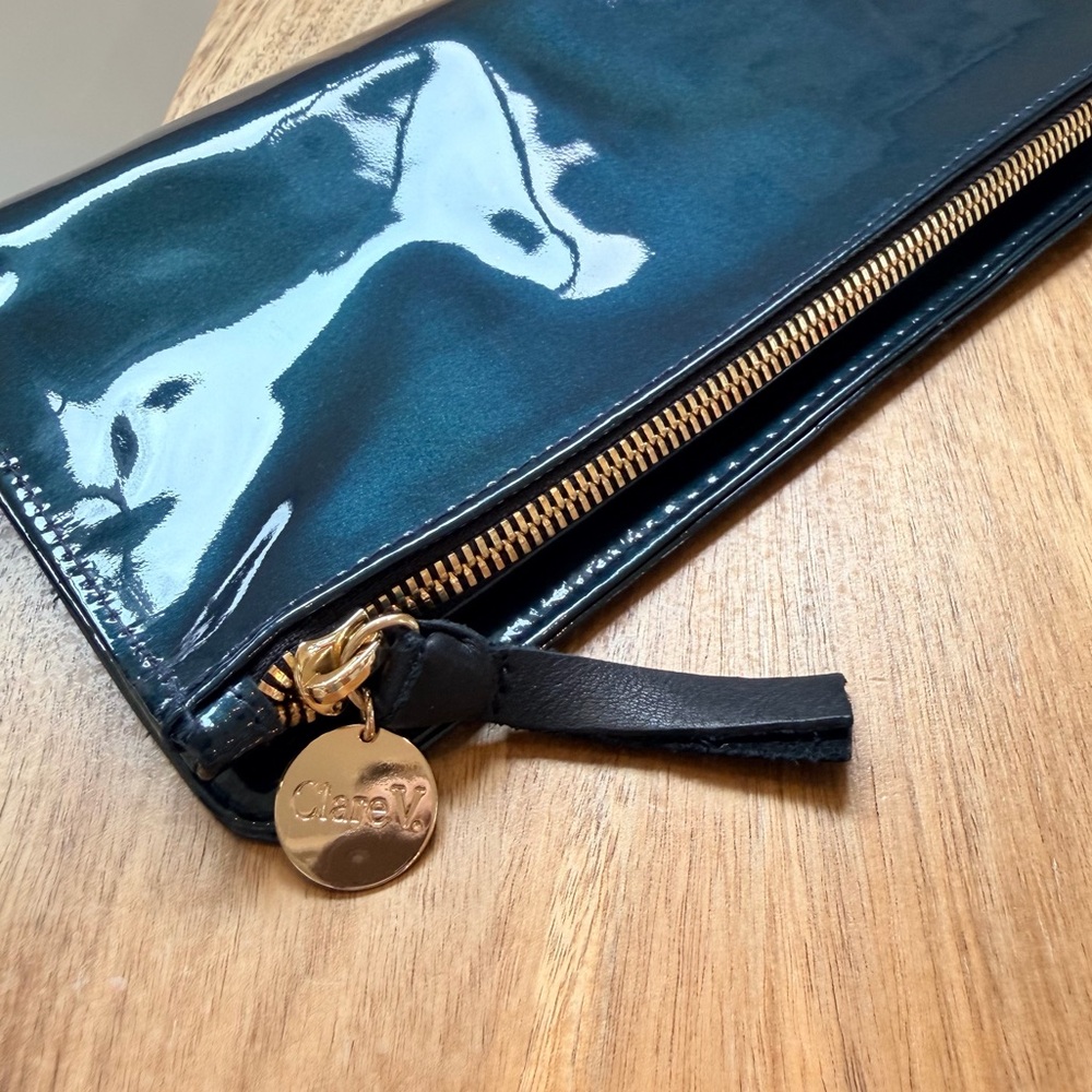Clare V Patent leather authentic Fold-Over Clutch Bag in Dark Teal - Picture 3 of 8